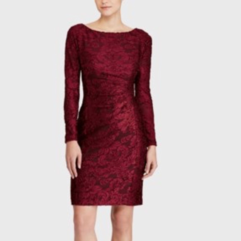 🌹Lauren Ralph Lauren Long-sleeve Velvet Floral Pattern Dress, Size 12, Burgundy